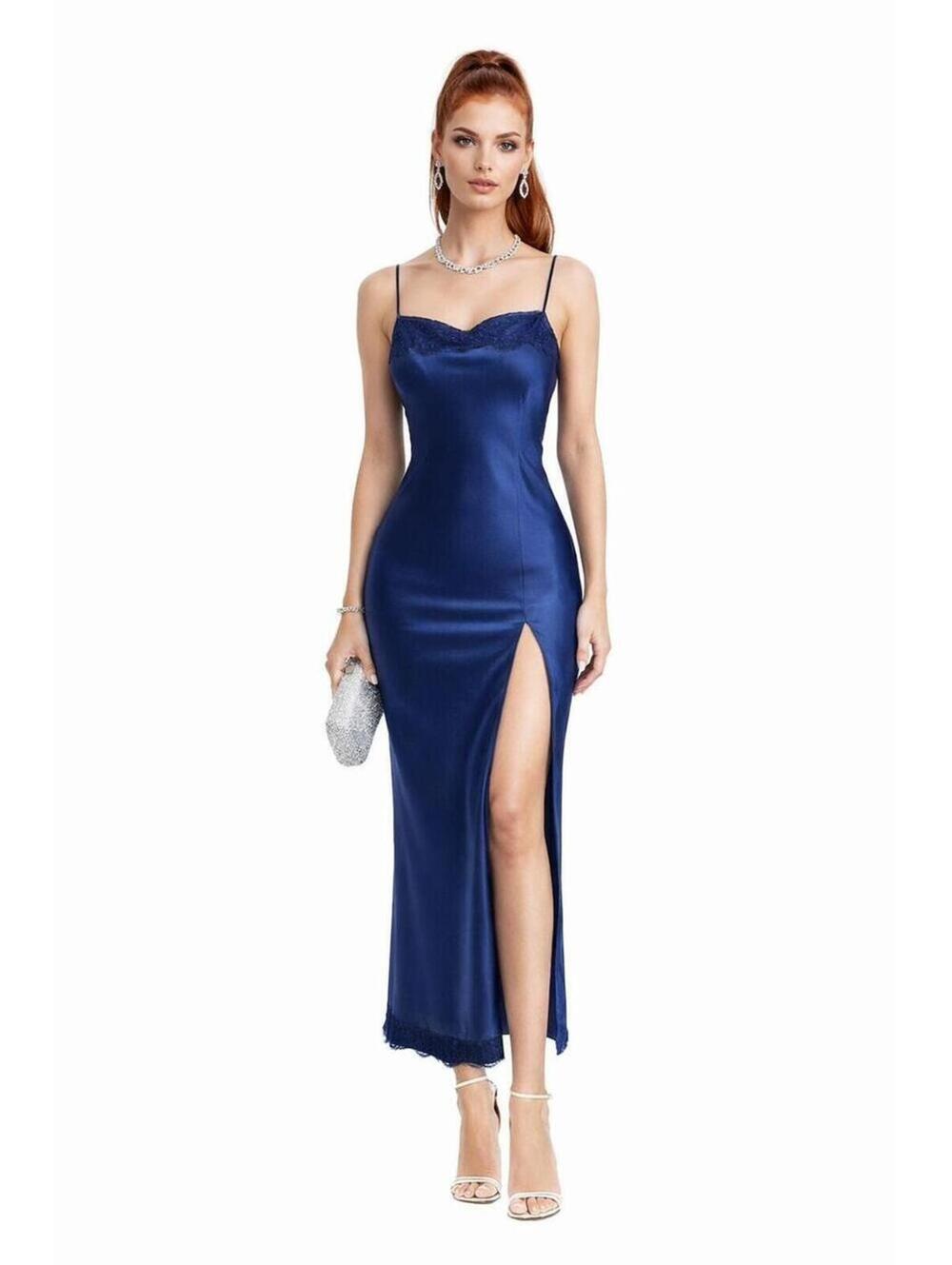 Badgley Mischka x Revolve Navy Blue sz 10  Isabel Lace Trim Maxi Slip Dress NWT